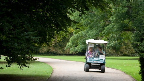 A golf cart style buggy being driven along a driveway in a historic parkland